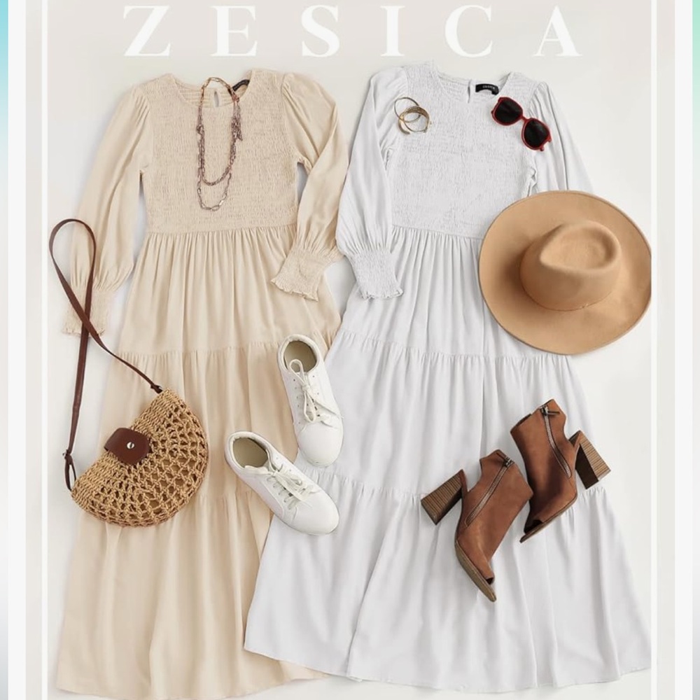 ZESICA White XL Midi Long Crew Neck Empire Waist Loose Pleated Boho Dress